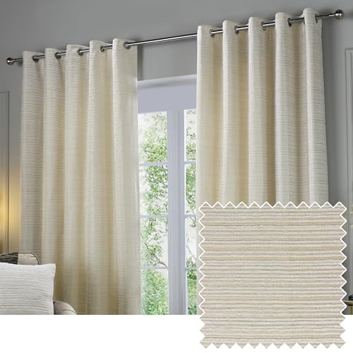 Paoletti Jupiter Room Darkening Eyelet Curtain Pair – Elegant Jacquard Chenille Lined Ring Top Drapes (Ivory/Gold - 168x229cm)