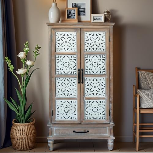 Image of French Country Side Cabinet - Vintage 2 Door Wood Cabinet with Storage, Accent Furniture for Living Room, Kitchen & Entryway, Tall Cabinet Storage (55.11 inch H)