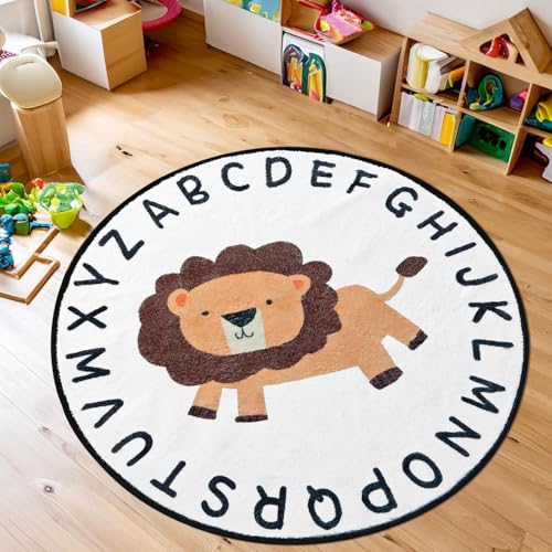 Tapis Design Alfombra infantil de león de dibujos animados, suave, antideslizante, de pelo bajo, lavable, para dormitorio de niños y niñas, aula, sala de estar, sala de juegos (redonda, 100 cm)