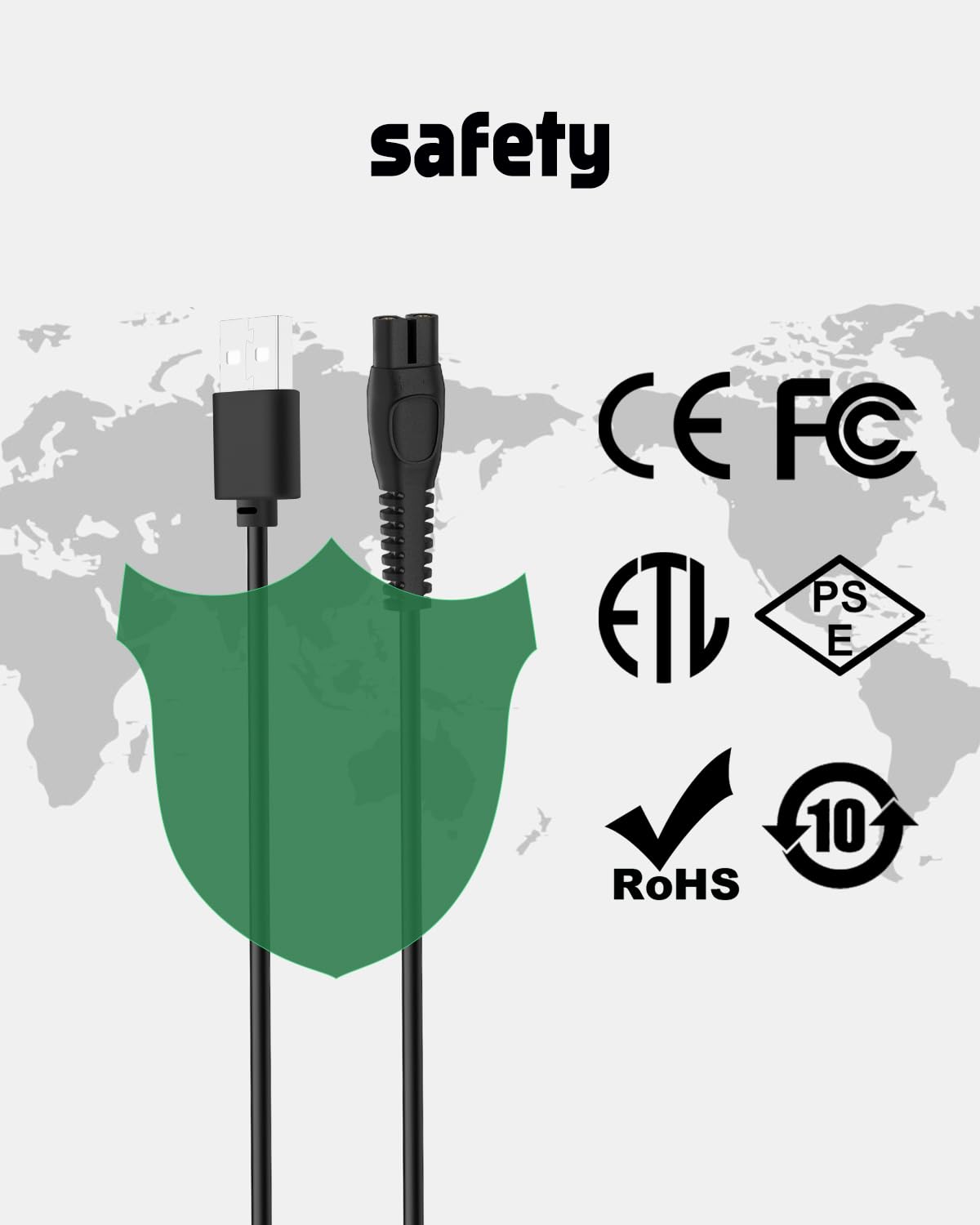 Diagram illustrating charger features: USB Type-A input, 2-prong 5V output, and 3.3ft cable length