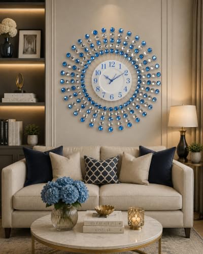 Image of CHRONIKLE Beautiful Crystal Floral Design Round Diamond Studded Analog Metal Wall Clock for Living Room Home Decorations Office Gifts (Size: 60 x 5 x 60 CM | Color: Blue | Weight: 2005 Gram)