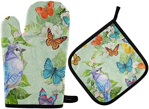 Spring Bird Butterflies Oven Mitts Pot Holder Sets 2pcs Summer Vintage Leaves Non-Slip Kitchen Heat Resistant Hot Pads for Women Cooking Gloves Baking Wear BBQ