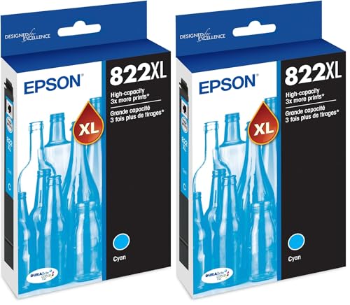 Image of Epson 822 DURABrite Ultra Ink High Capacity Cyan Cartridge (T822XL220-S) Works with Workforce Pro WF-3820,3823,4820,4830,4833,4834,(Pack of 2)