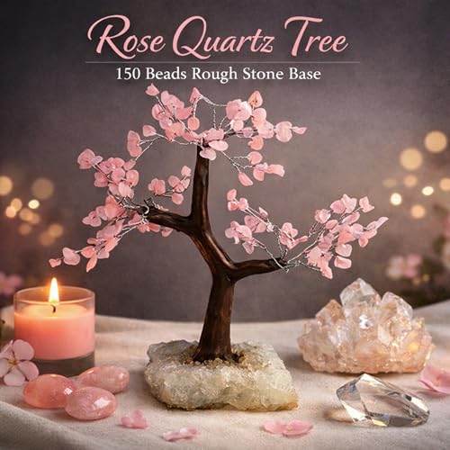 Image of REMEDYWALA Charged Energized Rose Quartz Crystal Tree Cluster Stone Base for Reiki Healing Rose Quartz Stones Crystal Tree 150 Beads