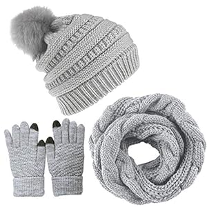 Yutdeng Dames winter warme gebreide muts hoed sjaal handschoenen set touchscreen handschoenen gebreid met cirkel lus sjaal fleece gevoerd voor ski 3-in-1 winterset
