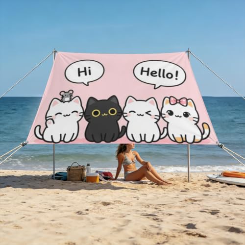 Pink Kawaii Hello Kitten Beach Sun Shade Sail Cute Cat Speech Bubble Canopy