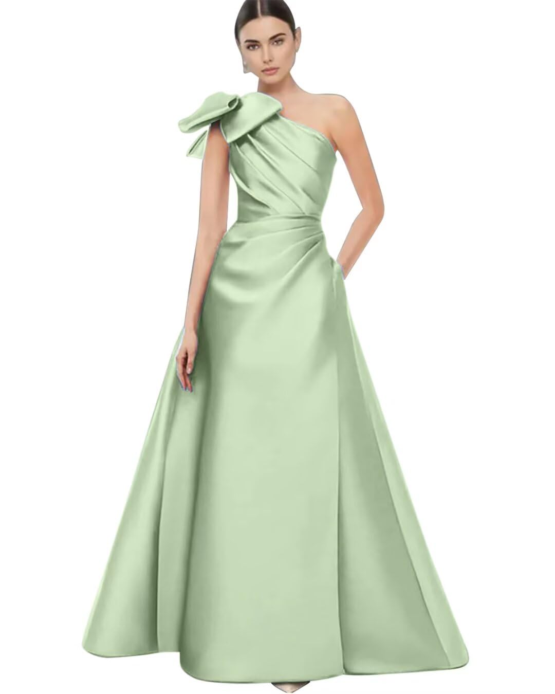 One Shoulder Plus Size Mother of The Groom Dresses Sage Green Satin A Line Evening Gowns with Bow Formal Dress 18w