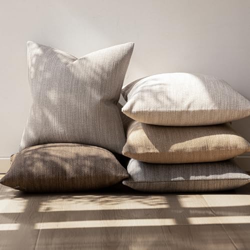 Image of Foindtower Set of 2 Decorative Textured Burlap Linen Throw Pillow Covers Farmhouse Boho Cushion Cover Solid Accent Pillowcase for Couch Sofa Bed Living Room Home Decor, 24x24 Inch,Light Grey