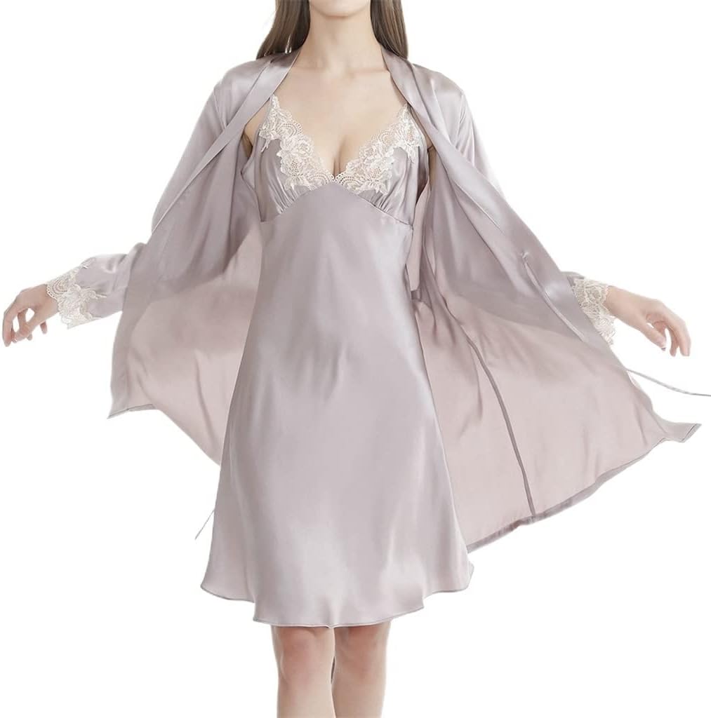 Silk Nightgown Women's Summer Sexy Hanging Pajama Dress Two Piece Set Lace Morning Robe Pajamas (D X Large)