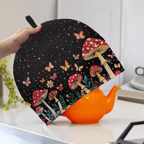 Image of Mushroom Butterfly Print Tea Cosy Tea Pot Cozies with Top Handle Decorative Accessories for Teapots Kitchen Home Table Breakfast Warmer Dust Cover Teapot Cozies