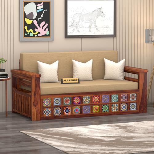 Image of Solid Sheesham Wood Sofa Cums Bed with Cushioned Seating & Handcrafted Tile Storage Front | Rosewood Convertible Sofa Bed for Living Room & Bedroom (Honey)
