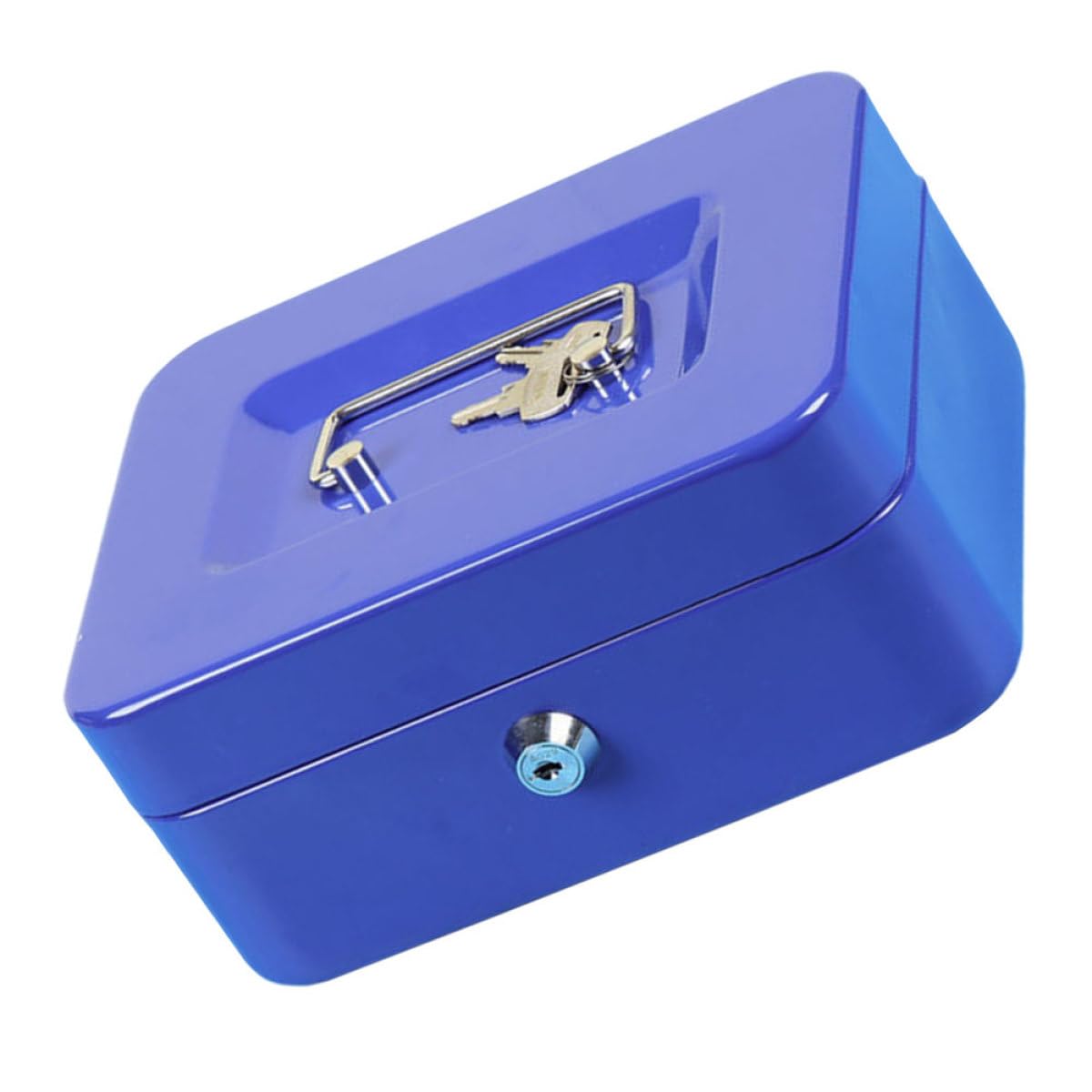 Boîte à Monnaie en Métal Bleue avec Serrure et Poignée, Six Compartiments