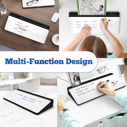 Sliandtelly Schreibtisch Whiteboard mit Stauraum, Trockenwisch Glas Whiteboard inklusive 3 Markern, Organizer für Notizen und Bürobedarf, Wiederverwendbare Schreibtischtafel für Büro und Homeoffice