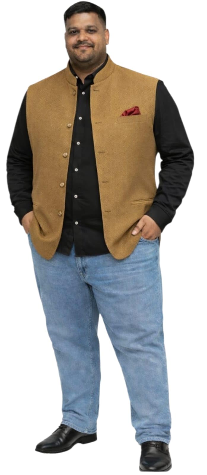 ifox lifestyle Plus/Big/Tall Size Men's Golden Textured Nehru Jacket, Silk Blend Traditional Ethnic Waistcoat for Wedding Party-picture-11