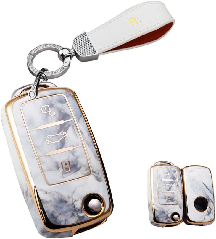 HIBEYO Key Cover Keyless Entry Remote Fob Shell for VW Beetle Passat Tiguan Touran Jetta MK1-MK6 Golf GTI Golf Flip 3 Buttons Car Key Premium Soft TPU with Keychians-Pink