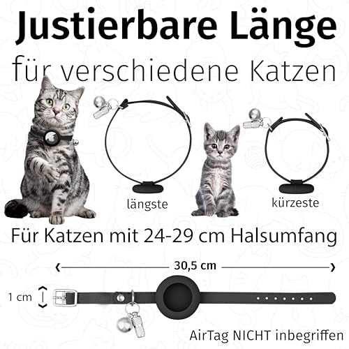 Katzenhalsband AirTag Mit Gummizug - Leder Halsband Mit Glocke, Namen und GPS Tracker Ohne ABO - Sicheres Katzenband Mit 30Sch