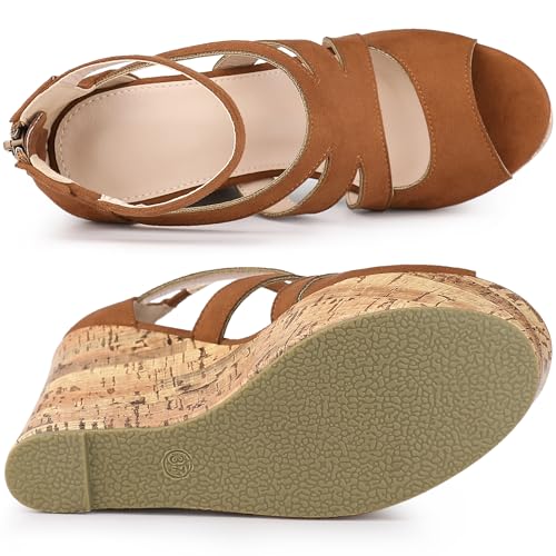 Allegra K Women's Platform Peep Toe Cutout Caged Cork Brown Wedge Heel Sandals 7.5 M US