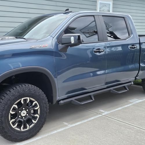 Running Boards Compatible with 19-25 Chevy Silverado/GMC Sierra 1500 Crew Cab, 20-25 Silverado/Sierra 2500HD 3500HD Crew Cab. Dual-Stage Textured Black Powder Coated Step Bars Side Steps.