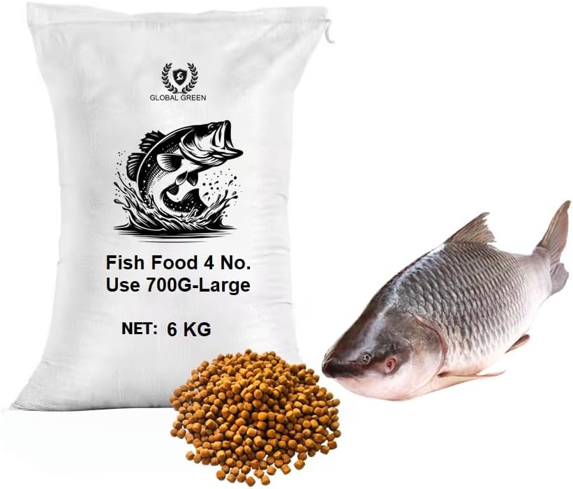Global Green Fish Food, Floating Pallets 4mm-6kg Packet for 700 gm to Large Pond Fish, Fast Growing Pallet for rohu, pangash & catla
