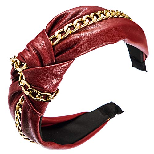 Fashion Knotted Headbands with Chain Non Slip Wide PU Leather Head Band for Women Hair Band Hair Accessories(red)