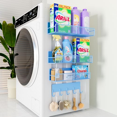 4 Pack Magnetic Shelves for Washing Machine, Heavy-Duty Magnetic Laundry Organizer with Hooks, Washing Machine Shelf for Refrigerator, Metal Storage Baskets, Closet & Laundry Room Organization, Blue