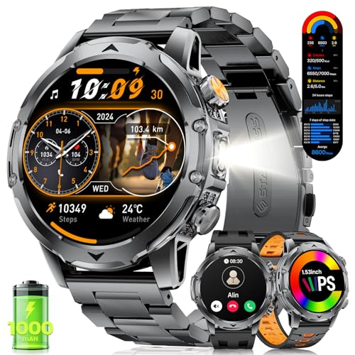FITFLEX Montre Connectée Homme avec Appel Bluetooth, 1.53 HD AMOLED Smartwatch avec Batterie 1000 mAh(60+Standby Zeit)/Lampe de Poche/120+ Sportifs/Sommeil, IP68, Fitness Montre Connecté iOS Android