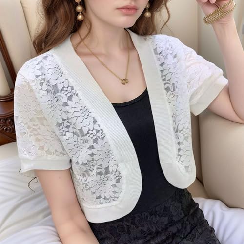 FindThy Women’s Cropped Bolero Shrugs Short Sleeve Open Front Floral Lace Hollow Out Cardigan Jacket2