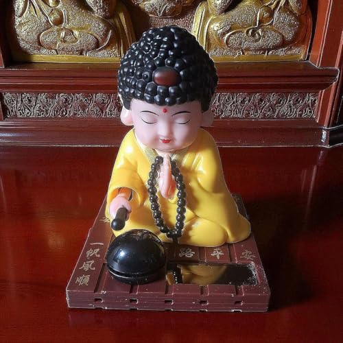 Image of Solar Powered Buddha Bobblehead Decorative Showpiece 9.5 cm | Dancing Buddha Dashboard Toy for Car Office Desk Home Decor | Automatic Solar Energy Moving Figurine (Yellow)