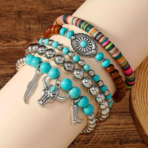 Western Bracelets for Women,Cowgirl Turquoise Beaded Stretch Bracelets,Stackable Bull Head Cowboy Boots Feather Bracelets Set,Western Cowgirl Jewelry Accessories for Women4