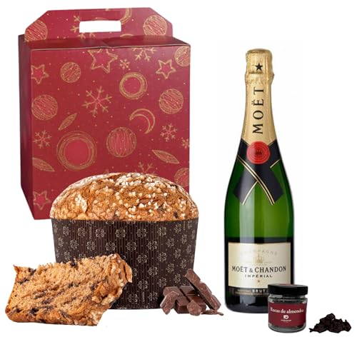 ENOVINOS Cesta Gourmet Regalo Navidad Empresas, Familia y Amigos - Caja con Champagne Moet y Chandon, Panettone Antonella de Chocolate y Rocas de Raúl Asencio
