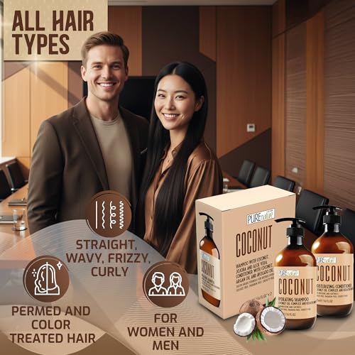 Image of Coconut Shampoo and Conditioner Set - Sulfate Free - Deep Hydrating and Smoothing for Dry, Frizzy, Damaged Hair - Moisturizing, Shiny, Anti Frizz Salon Products for Women and Men - 16 Fl Oz (Set of 2)