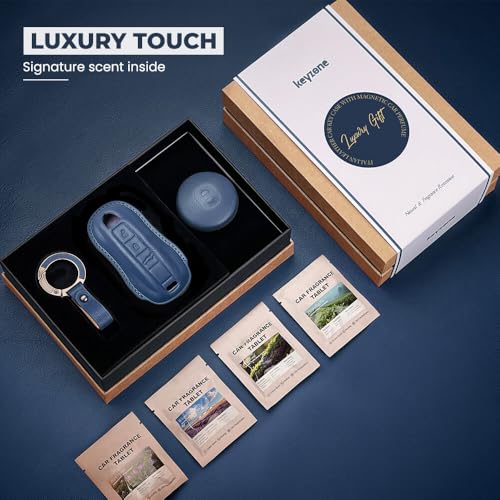 Image of Keyzone Premium Leather Key Cover & AC Vent Car Perfume Combo (4 Fragrances) | Compatible for Porsche Taycan, Cayenne, Panamera, 911, Carrera 3 Button Smart Key (Blue)