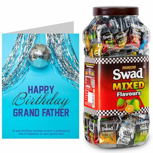 Image of Swad Happy Birthday Dada Grand Dad Gift with Card (Swad Mixed Flavours Candy 200 Jar & 1 Greeting card) 2 units