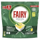 Fairy Original Tout-en-un citron, capsules pour lave-vaisselle, 19 capsules, efficacité également sur la graisse à croûte.