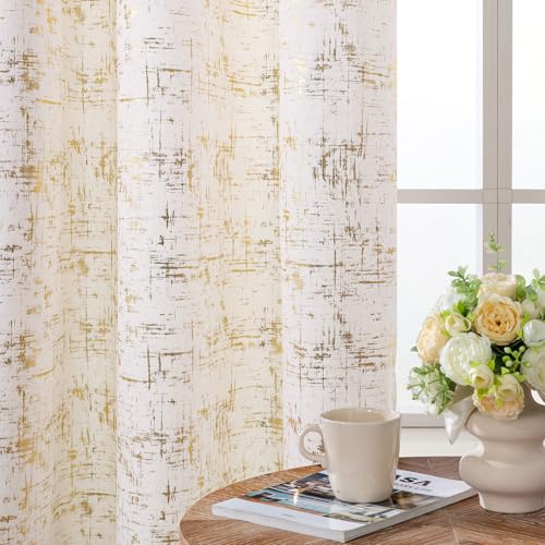 L.Z.E Cream Gold Velvet Curtains for Bedroom 84 Inches Long Light Filtering Privacy Curtains for Living Room Luxury & Soft Non-See-Through Drapes with Grommet Printed Gold Foil Pattern 2 Panels Set