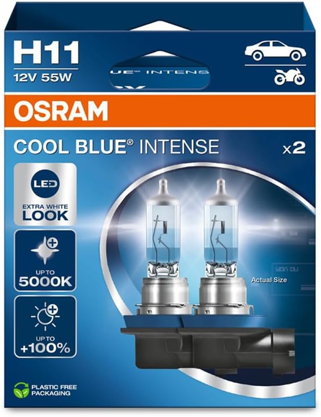 OSRAM COOL BLUE INTENSE H11, +100% más de brillo, hasta 5.000K, lámpara de faro halógena, aspecto LED, caja plegable colgante (2 lámparas)
