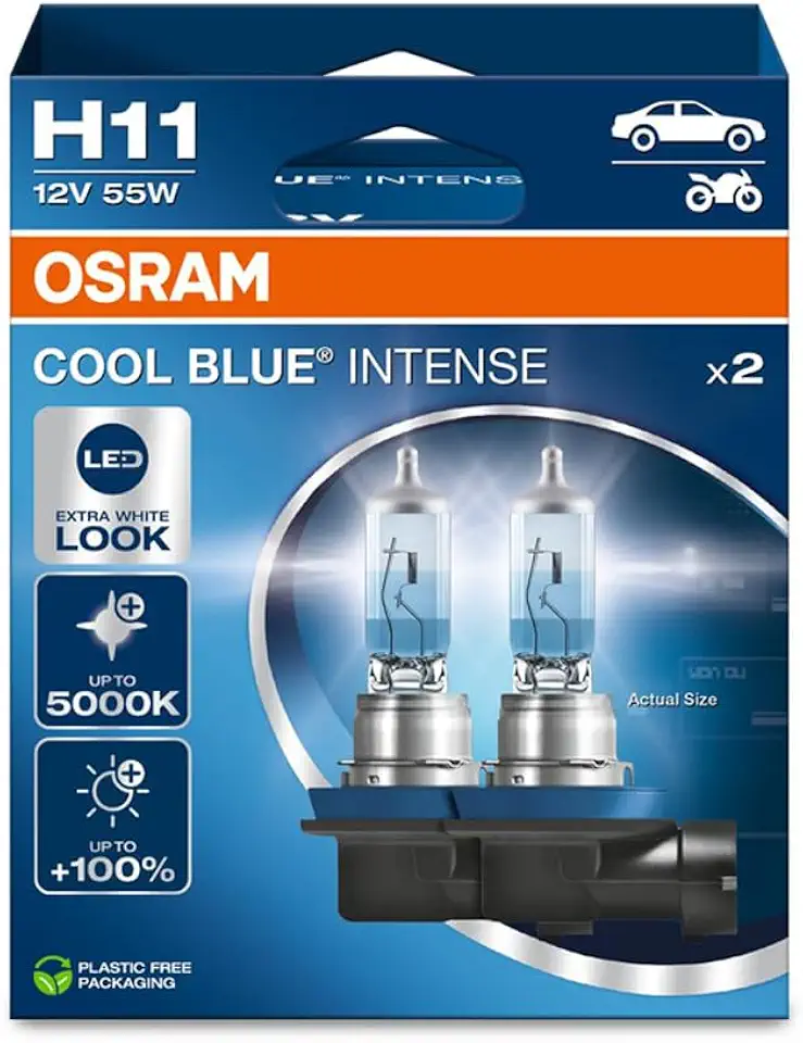 OSRAM COOL BLUE® INTENSE H11, +100% mais brilho, até 5.000K, lâmpada de farol de halogêneo, aparência de LED, caixa dobrável suspensa (2 lâmpadas)