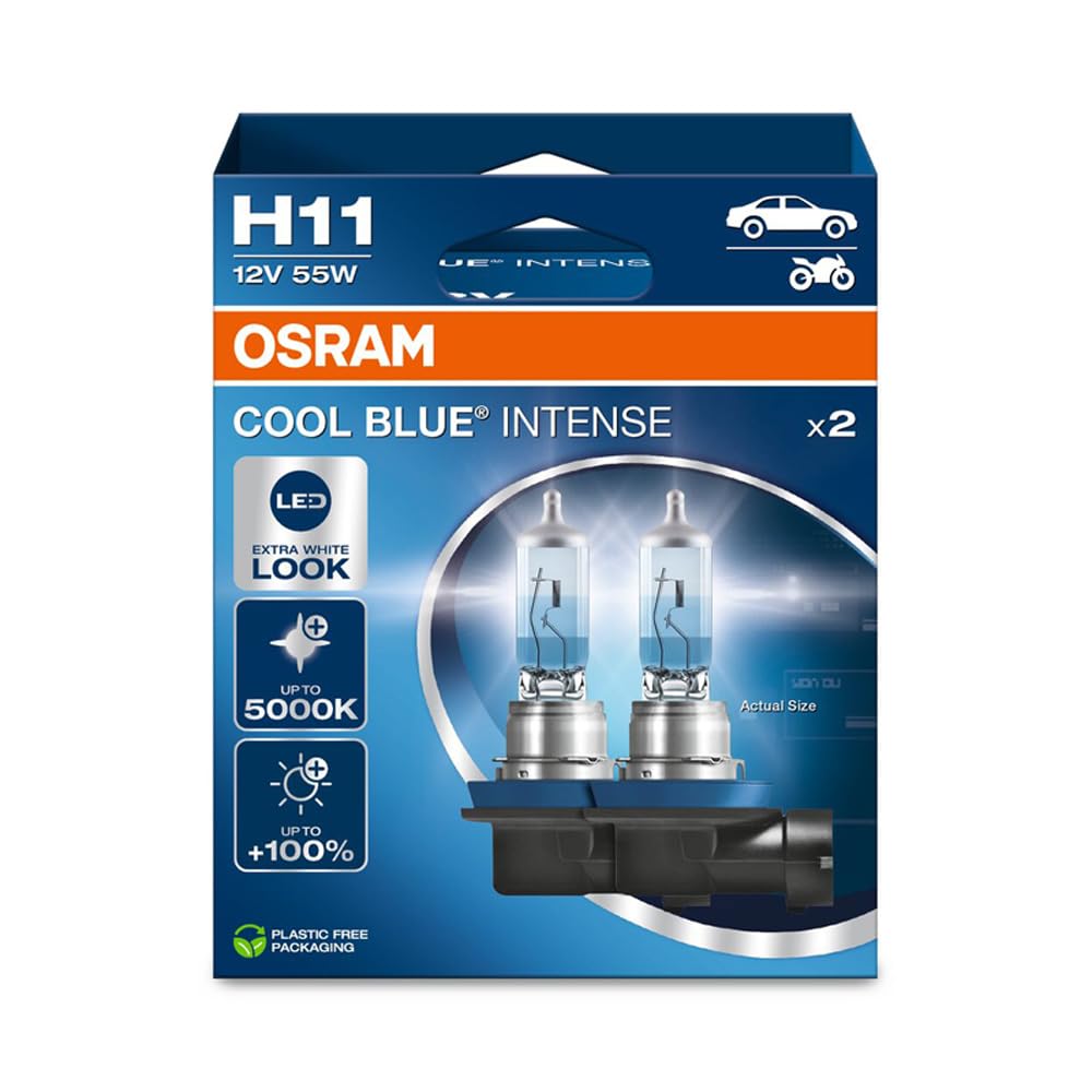 OSRAM COOL BLUE INTENSE H11, +100% di luminosità in più, fino a 5.000 K, lampada frontale alogena, aspetto LED, scatola pieghevole sospesa (2 lampade)