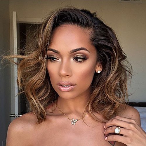 Wicca 150% Thick Ombre Short Curly Brown Lace Front Wigs Side Part Natural Curly Brazilian Human Hair Lace Front Wig With Baby Hair Pre Plucked (12inch 150%, lace front wig)