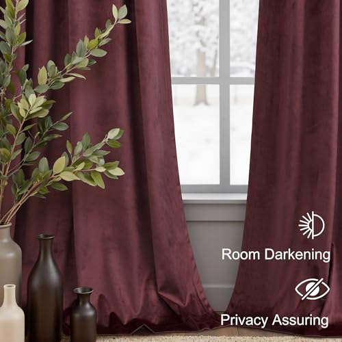 Image of Ruby Wine Velvet Curtains 84 Inch Length for Living Room 2 Panels Back Tab Pocket Luxury Drapes Thermal Insulated Darkening Curtain for Girls Bedroom Vintage Victorian Decor Dark Purple Red 52x84 Long