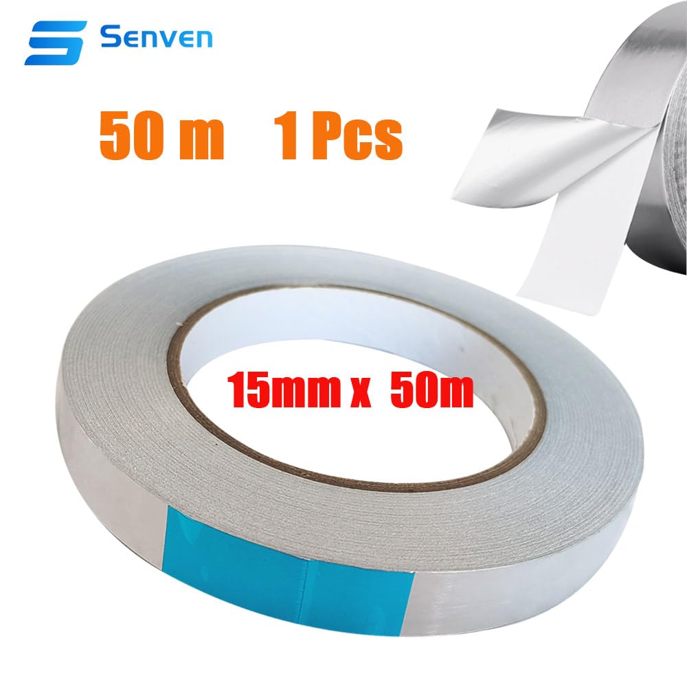 Cinta adhesiva de aluminio de 15 mm x 50 m, cinta adhesiva de aluminio resistente al calor, adecuada para proteger, cubrir, decorar, aislar y reparar, 1 unidad.