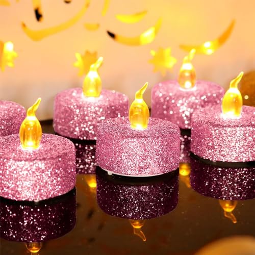YiYFiT Lot de 12 bougies chauffe-plat LED roses scintillantes à piles sans flamme réalistes pour Noël, Pâques, Halloween, mariage, fête, festivals, etc....