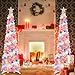 SINTENILL 5 FT Pop Up Christmas Tree with Timer Lights and Decorations, Pink White Artificial Tinsel Christmas Tree with 24 Ball Ornaments, Collapsible Pencil Tree for Home, Office, Holiday
