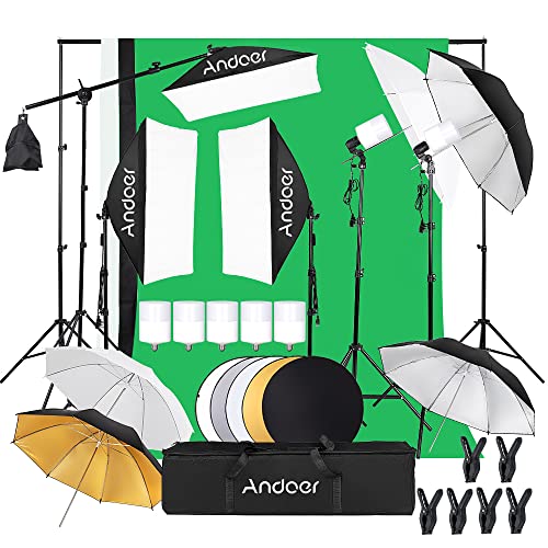 Andoer Studio Softbox Set Sistema de fondo de 2x3M con lámpara fotográfica de 40W 5500K, Softboxes de 50x70cm, cinco sombrillas fotográficas, soporte de luz ajustable de 2M