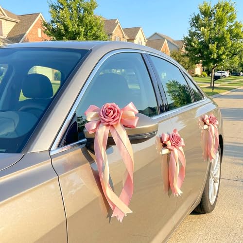 Image of 6PCS Wedding Car Door Handle Decorative Flowers, White Artificial Cars Bouquet Flower Bowknot Ribbon Decor, Just Married Automotive Decorations Accessories for Door Handles(Pink)