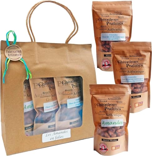 Pralines à l’Ancienne - Coffret Cadeau Pralines « Les Amandes en Folie »- Chouchous Friandise Artisanale - 3 Sachets- Fleur de Sel/gingembre, Fleur de...