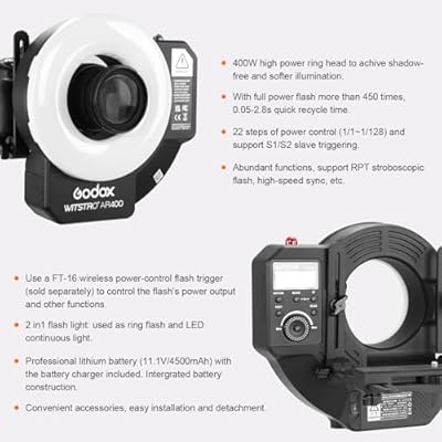 Godox Wistro AR400 Lightweight Ring Flash with Li-Ion Battery Unibody Design and Shadow-Free Illumination (Black)