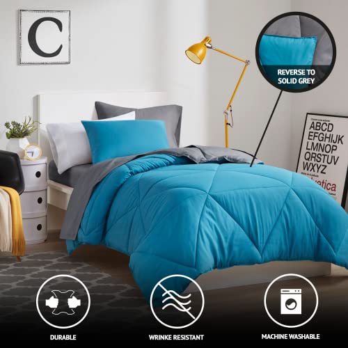 Image of Comfort Spaces Vince Reversible Bed In A Bag - Trendy Casual Geometric Quilted Cover, All Season Down Alternative Cozy Bedding, Matching Sham, Twin, Reversible Teal /Charcoal 6 Piece