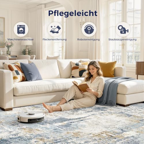 DMOYEST Teppich Wohnzimmer 280x370cm Blau Grau Modern Abstrakt Waschbar – Ansicht 4