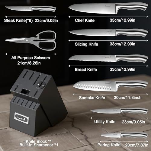 Image of KUISINE Upgraded Premium Chef Knife Set,High Carbon Stainless Steel Razor-sharp Blade Ergonomic Non-slip Steel Handle,Block Knife Set with Built-in Sharpener(Black Silver,15PCS)